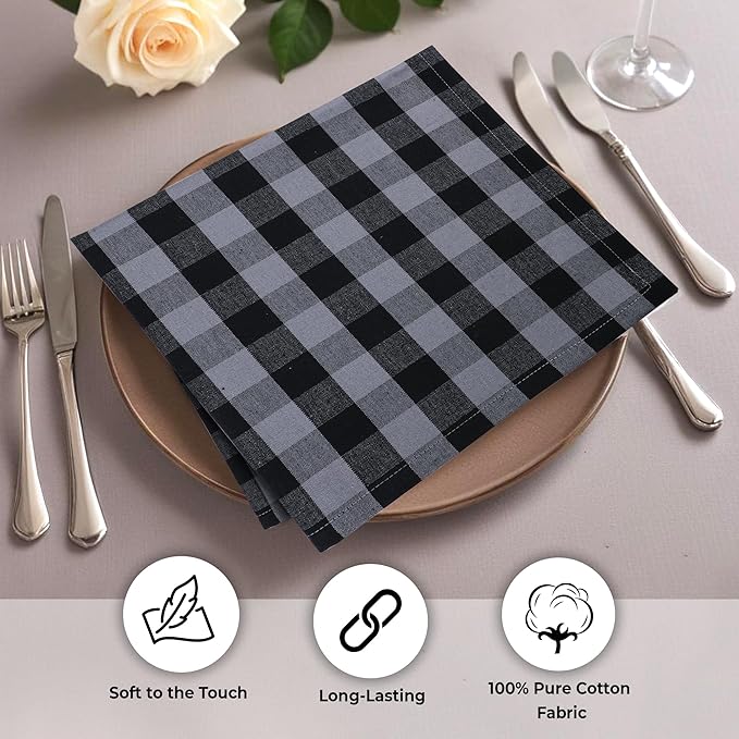 Urban Villa Cotton Dinner Napkins Set of 6, Highly Absorbent 20x20 Inches Premium Cloth Napkins Hotel Quality Reusable & Washable Table Dinner Napkins for Home & Weddings - Grey/Black, Checks