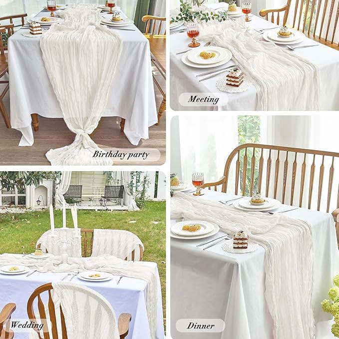 IVAPUPU 6 Pcs Cheesecloth Table Runner - 10ft Ivory White Boho Gauze Cheese Cloth Table Runners for Baby Shower Decoration Wedding Party Summer Garden Farmhouse