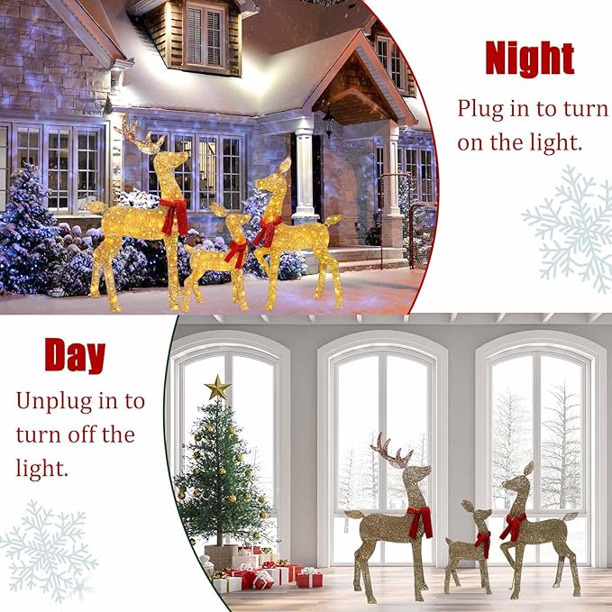 2025 New 48" 2.5D Lighted Christmas Deer Decorations, 3-Piece Lighted Christmas Deer Family Set, 4FT Large Outdoor Yard Reindeer Holiday Decoration with145 LED Lights, Gold