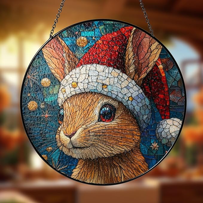 Desert Cottontail Rabbit Stained Glass Window Hanging Decor - Desert Cottontail Rabbit Christmas Decor - Wall Decor for Indoor Outdoor - Beautiful Xmas Gift & Home Decoration