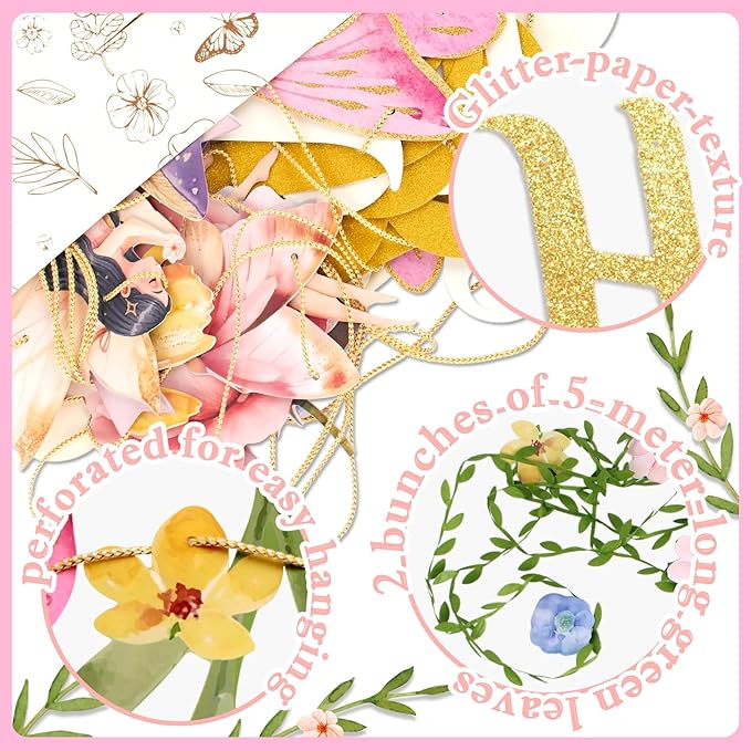 SUNBEAUTY Fairy Garden Birthday Banner Butterfly Mushroom Floral Party Decor for Girls Baby Shower, First Birthday, Summer Fall Theme Celebration, Outdoor Indoor Fairy Tale Decorations