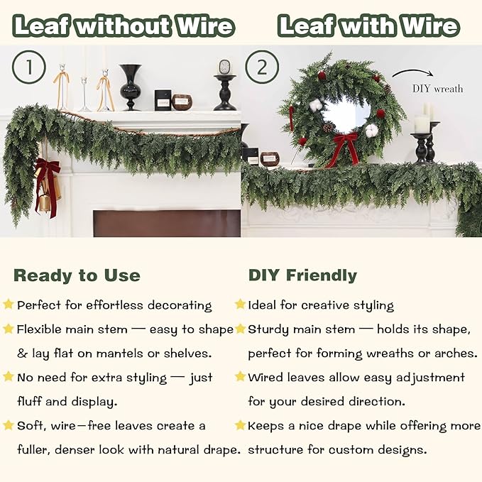 Artificial Cedar Garland for Christmas Decoration - Realistic Winter Greenery Garland for Mantel, Fireplace, Table, Door, Holiday Indoor Outdoor Decor 6FT