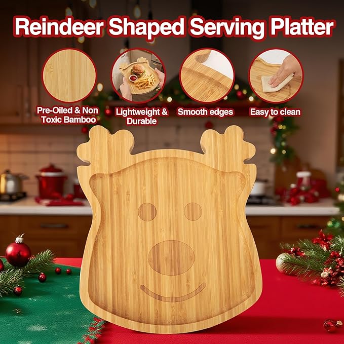 Christmas Serving Tray, Reindeer Shape Charcuterie Board, Bamboo Serving Platter Dish for Holiday Party Food Tray for Cheese Snack Fruit 10 x 8.7 x 0.6 Inches