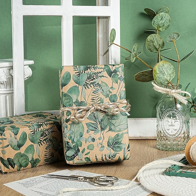 WRAPAHOLIC Kraft Eucalyptus Leaves Wrapping Paper Roll - Mini Roll - 17 Inch x 16.5 Feet - Greenery Wrapping Paper Perfect for Birthday, Wedding, Bridal Shower