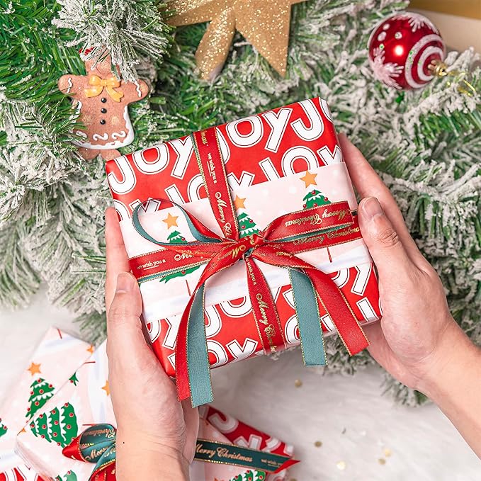 WRAPAHOLIC Reversible Christmas Wrapping Paper - Mini Roll - 17 Inch x 33 Feet - Christmas Tree Wrapping Paper with Joy Lettering Perfect for Holiday, Party, Celebration