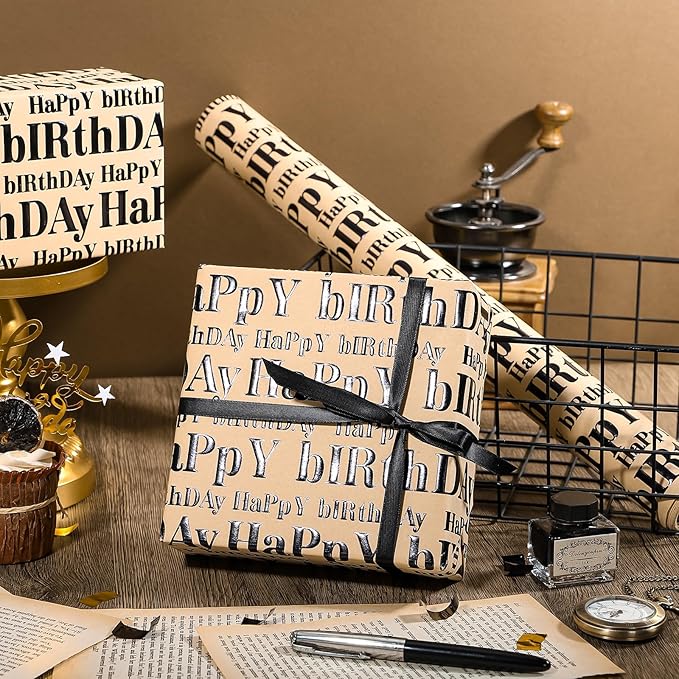 WRAPAHOLIC 3D Kraft Birthday Wrapping Paper Roll - Mini Roll - 17 Inch x 16.5 Feet - Black and Brown Happy Birthday Lettering Design with Embossed Perfect for Holiday, Party Celebration