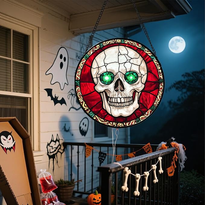Stained Glass Window Hanging - Halloween Decorations Vampire Skeleton Suncatcher for Doors Garden Indoor Spooky Funny Sun Catchers Gothic Decor Horror Gifts for Women Men Friend 9.8 in