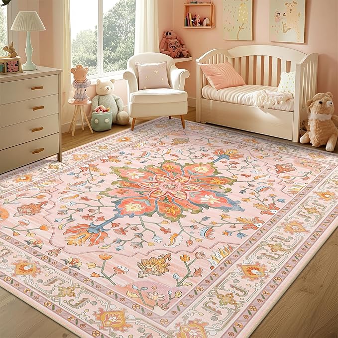 Area Rugs 9'x12' Washable Non-Slip, Floral Vintage Distress Print Pattern Medallion Carpet for Living Room Bedroom Dining Room, Light Pink Colorful