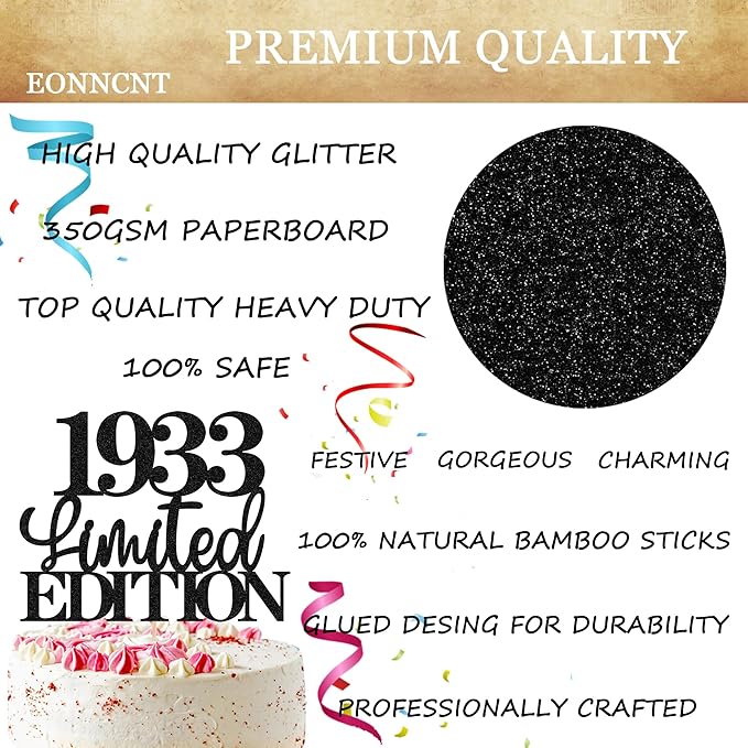 Limited EDITION 1933 Cake Topper - Black Glitter Happy 92nd Birthday Party Cake Decoration Supplies, Cheer to 92 Years Cake Bunting Decor for 92nd Birthday Party Photo Booth Props