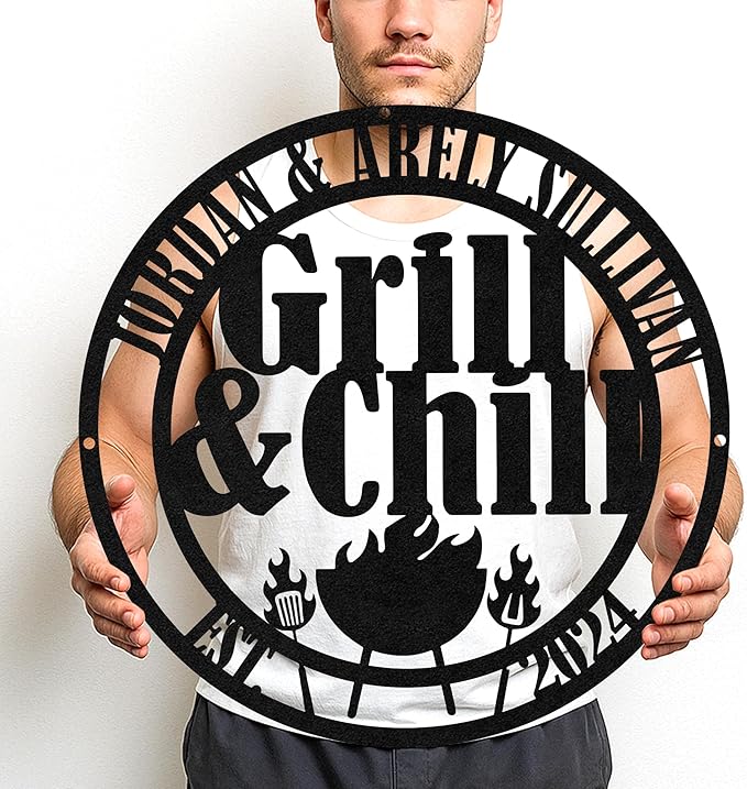 Custom BBQ Metal Sign Personalized Grill Name Wall Art for Outdoor Kitchen Patio Backyard Decor Fathers Gift for Dad Grandpa Husband Barbecue Smoker Area Sign, Grilling Lover Gifts 18