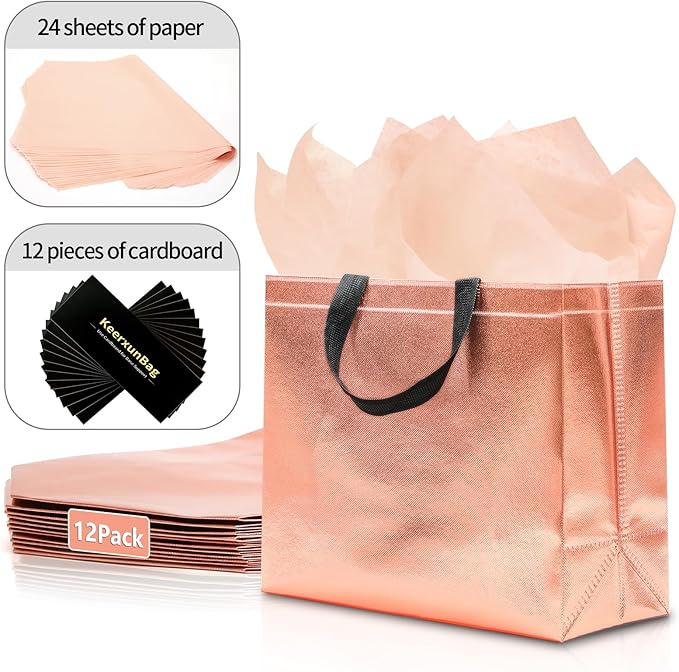 KeerxunBag 12Pcs Reusable Gift Bags（Includes Tissue Paper） Gift bag with handle Birthdays Parties Holidays Weddings Medium 13x5x11in Rose Gold Bags