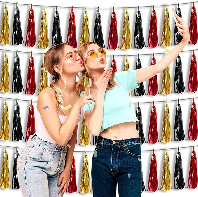 4P Red-Black Gold Foil Fringe Tassel Banner Garland Metallic Tinsel Streamers Wall Hanging Curtain Backdrop Banners for Parade Floats, 2025 Graduation Decorations, Baby Bridal Shower Party Decoration