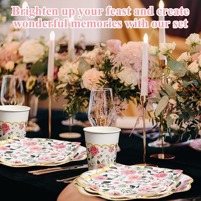 250 Pcs Floral Party Decorations Flower Paper Plates Napkins and Cups Pink and Gold Floral Disposable Tableware Set for Bridal Shower Baby Shower Wedding Spring Tea Party Supplies, Serves 50