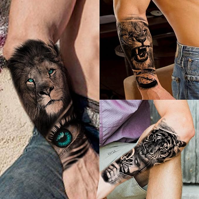 67 Sheets 3D Black Tribal Realistic Lion Temporary Tattoos for Men Women Adults, Bulk Tiger Wolf Warrior Gladiator Temp Skull Skeleton Halloween Fake Half Arm Sleeve Tattoos Stickers Legs Kit Sets