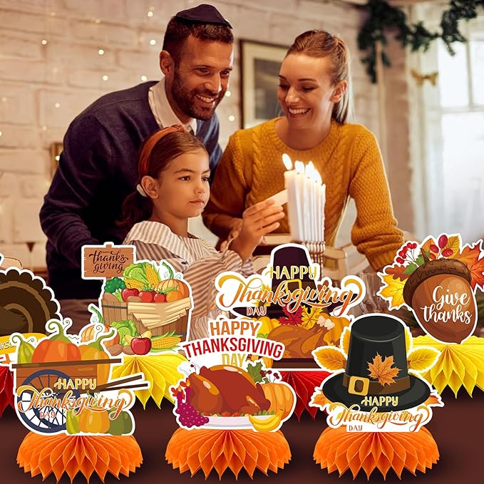 9PCS Thanksgiving Honeycomb Centerpiece Turkey Pumpkin Maple Leaves Honeycomb Thanksgiving Table Centerpiece for Thanksgiving Table Decoration Fall Autumn Theme Birthday Party Supplies