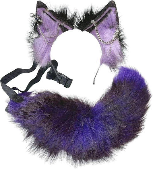 Wolf Ears Tail Set Fox Wolf Headbands Clips Fluffy Cosplay Costumes, Gothic Punk Accessories for Halloween