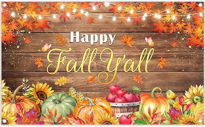 ZTHMOE 72x43inch Happy Fall Y'all Backdrop Autumn Wood Harvest Pumpkins Farmhouse Maple Leaves Photography Background Thanksgiving Party Decoratins Festival Photo Banner