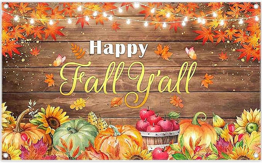 ZTHMOE 72x43inch Happy Fall Y'all Backdrop Autumn Wood Harvest Pumpkins Farmhouse Maple Leaves Photography Background Thanksgiving Party Decoratins Festival Photo Banner