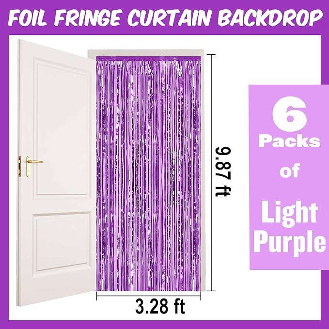 6 Pack Light Purple Foil Fringe Curtains Backdrop, 3.28 x 9.8 Ft Metallic Streamers Tinsel Curtains Background for Photo Booth, Birthday, Halloween, Christmas, Thanksgiving, New Year Party Decorations