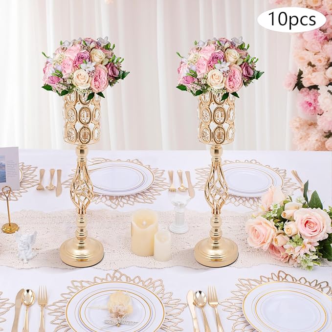 Wedding Centerpieces Gold Vases,10PCS Metal Flower Candle Holder,Wedding Vase for Tables,Crystal Flower Vase Metal Flowers Stand for Party Tables Decorations