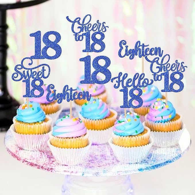 30PCS Happy 18th Birthday Cupcake Toppers Glitter Eighten Sweet 18 Hello 18 Cupcake Picks Cheers to 18 Birthday Decorations for 18th Birthday Anniversary Party Cake Decoration Supplies Blue