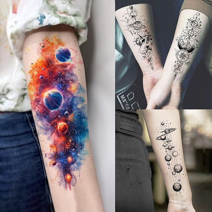 70 Sheets Watercolor Planets Galaxy Temporary Tattoos For Women Men Kids Boys Girls, 3D Star Universe Solar System Waterproof Half Arm Sleeve Tattoos For Adult, Forearm Fake Tattoo Sticker Outer Space