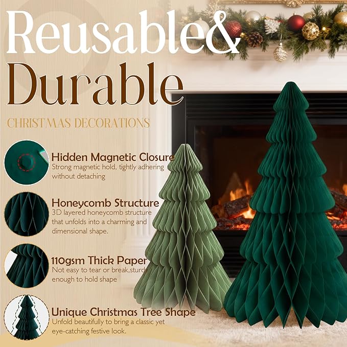 5Pcs Extra Large Christmas Table Decorations Green Paper Christmas Trees, Light Up Honeycomb Xmas Tree Centerpieces for Tables Christmas Frozen Winter Wonderland Party Vintage Home Decor 14/16/24 Inch