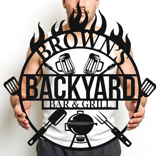 Custom BBQ Metal Sign Personalized Grill Name Wall Art for Outdoor Kitchen Patio Backyard Decor Fathers Gift for Dad Grandpa Husband Barbecue Smoker Area Sign, Grilling Lover Gifts 25