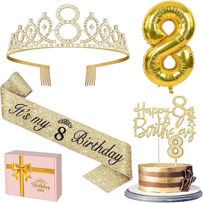 8th Birthday Decorations for Girl with 8th Birthday Sash and Tiara, Candles and Cake Topper, Number Balloons, 8 Year Old Girl Gifts
