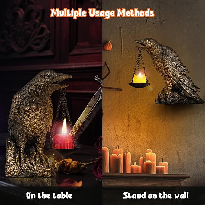 Halloween Decorations Outdoor Indoor Gothic Crow Wall Decor Table Candle Holder Raven Tealight Statue for Yard Patio Garden Bedroom Half Gold