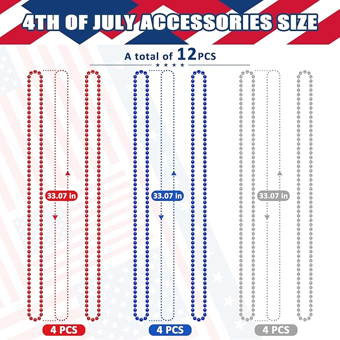 4th of July Party Favors, 12PCS Veterans Day Necklaces Bulk, Fourth of July Red Blue Silver Beads Necklace, Veterans Day Patriotic Beads Bulk for Parade Party Celebration Favors Decorations