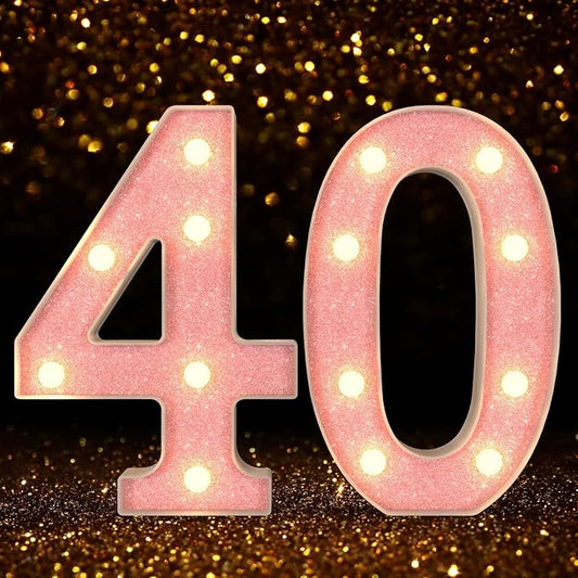 Marquee Numbers Light up Numbers, 0-9 Number Battery Powered LED Light, Pink Glitter Plastic Numbers for 40th Birthday Decorations, Number Decor for Graduation Engagement Wedding Birthday (Number 40)