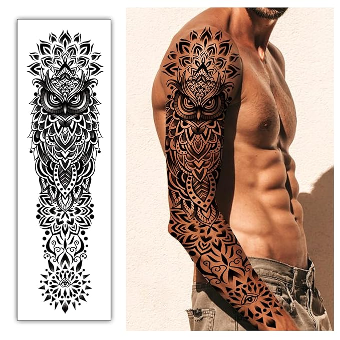 Yazhiji 48 Waterproof Temporary Tattoos For Adult, Mandala Vintage Black Lotus Temporary Tattoos for Men Women, Full Arm Fake Tattoo Bohemia Mandala Flower Fake Arm Tattoos for Boys Girls