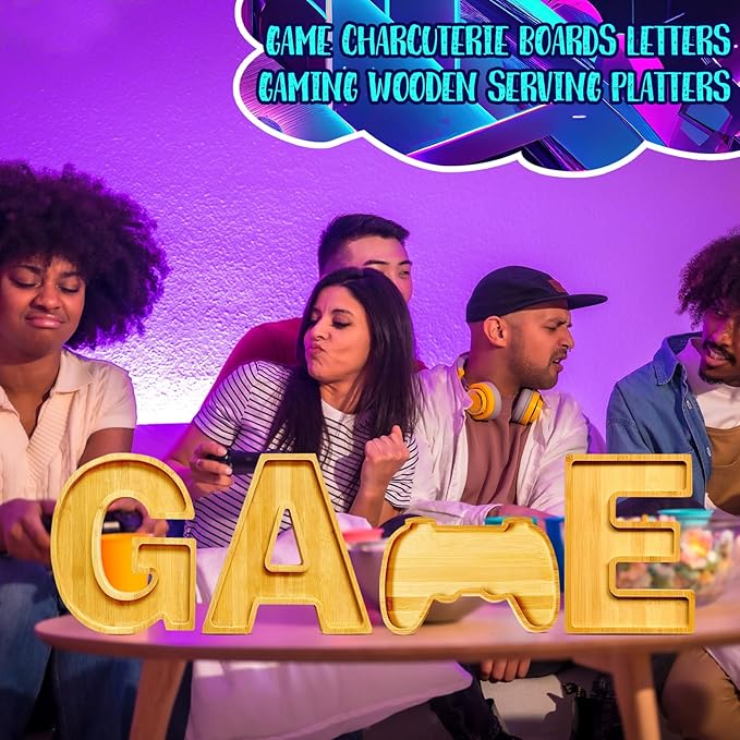 GAME Charcuterie Boards Letters Gaming Wooden Serving Platters for Snack Fruit Meat Fillable Cheese Board Gifts for Teenager Boys Birthday Party Supplies Rustic Tabletop Container Dishes Serving Trays