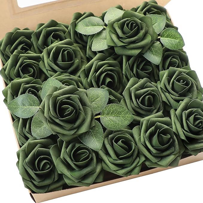 Floroom Artificial Flowers 25pcs Real Looking Emerald Green Foam Fake Roses with Stems for DIY Wedding Bouquets Bridal Shower Centerpieces Floral Arrangements Party Tables Home Decorations