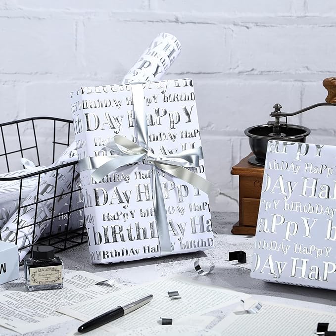 WRAPAHOLIC Jumbo 3D Kraft Birthday Wrapping Paper Roll - 30 Inch x 16.5 Feet - Silver and White Happy Birthday Wrapping Paper with Embossed Perfect for Holiday, Party Celebration