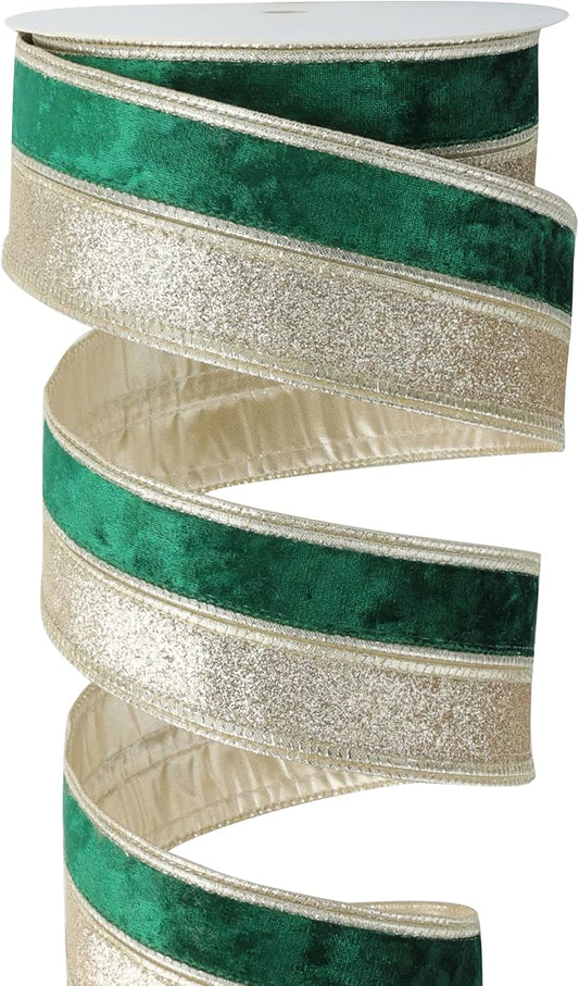 Dark Green Velvet Wired Christmas Ribbon 2.5 Inch Green and Gold Glitter Holiday Ribbon – 10-Yards Roll for Tree Decorations, Gift Wrapping, Wreaths, and DIY Crafts