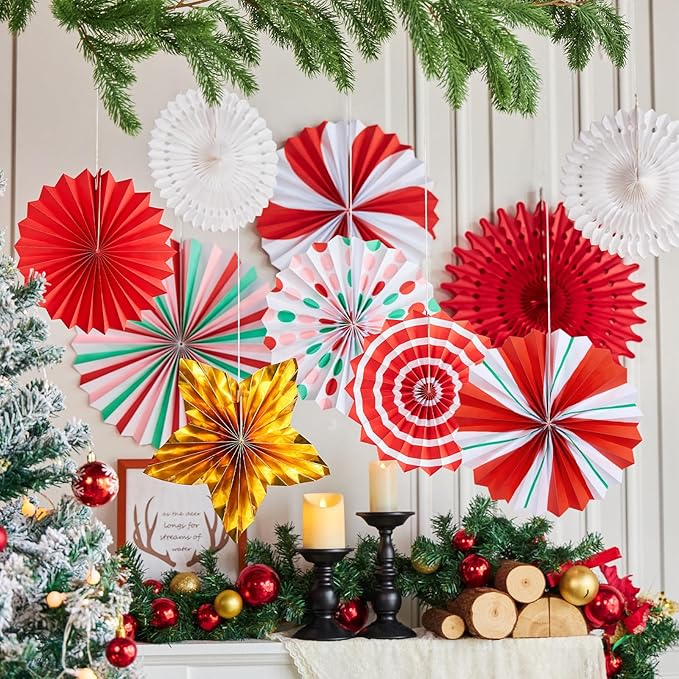 OBBOLO Christmas Paper Fans, Christmas Paper Decorations, Hanging Xmas Decorations in Gold, Red, White and Peppermint Candy Theme Honeycomb Decorations