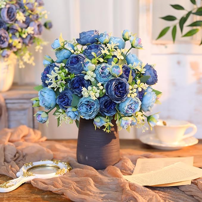 Floweroyal 4 Bunches Peony Artificial Flowers Teal Blue Flowers Silk Peonies Bouquets for Wedding Party Table Centerpieces Floral Arrangement Home Kitchen Decor