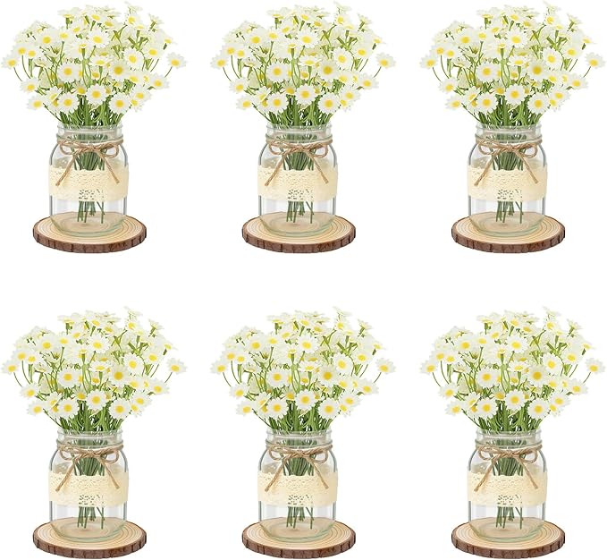 Set 6 Mason Jar Table Centerpiece - Wedding Centerpieces for Tables, Mason Jar Flower Centerpiece Vases Decor- Boho Farmhouse Rustic for Engagement, Bridal Shower, Wedding, Versatile Decor (Chamomile)