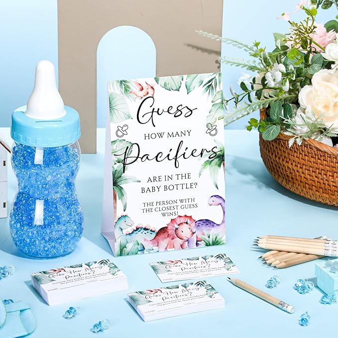 Roowest 512 Pcs Baby Shower Games Guess How Many Pacifiers Sign 100 Small Guessing Games 10 HB Pencils 750ml Milk Bottle 400 Acrylic Pacifiers Decoration for Guest Gender Reveal(Cute,Dinosaur)