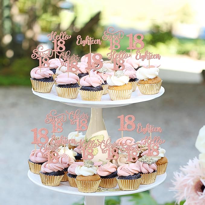30PCS Happy 18th Birthday Cupcake Toppers Glitter Eighten Sweet 18 Hello 18 Cupcake Picks Cheers to 18 Birthday Decorations for 18th Birthday Anniversary Party Cake Decoration Supplies Rose Gold