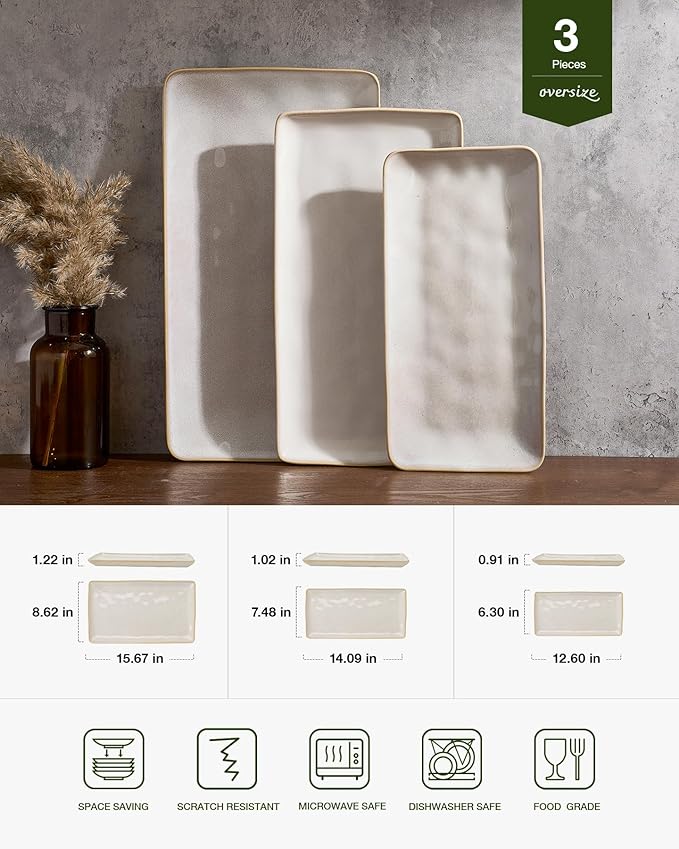 famiware Serving Platter, Rectangular 15.67/14.1/12.6 inch Serving Dishes for Entertaining, Microwave Dishwasher Safe, Stonware Serving Trays for Party, Turkey, Cheese, Ocean Series, Cappuccino White