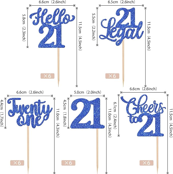30PCS Happy 21st Birthday Cupcake Toppers Glitter Twenty One Legal 21 Hello 21 Cupcake Picks Cheers to 21 Birthday Decorations for 21st Birthday Anniversary Party Cake Decoration Supplies Blue