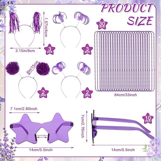 50 Pcs Purple Holiday Team Spirit Party Accessories Pom Pom Party Headbands Star Shape Sunglasses Bead Necklaces Stuff Favors for Birthday Wedding Supplies(Classic)