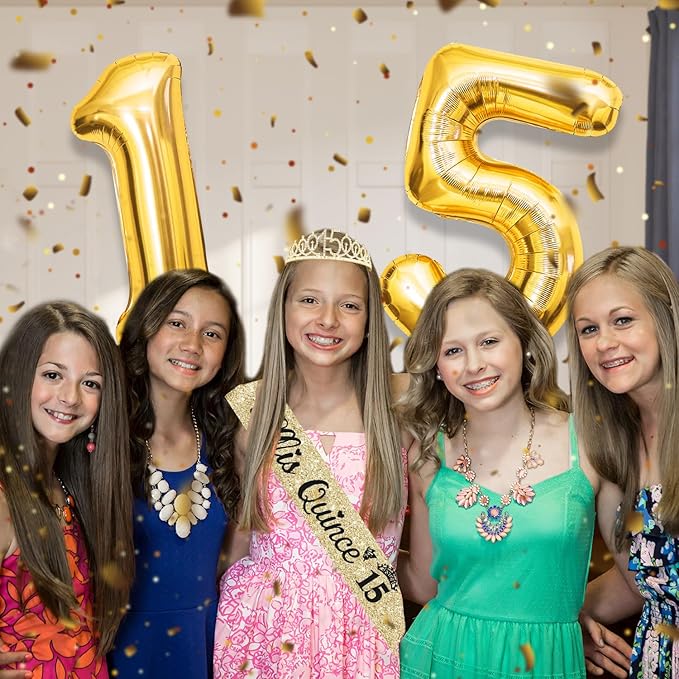 15th Birthday Decorations for Girls Gold with15th Birthday Crown and Sash, Candles and Cake Topper, Number Balloons, Sweet 15 Year Old Gifts for Girls