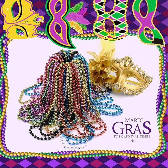 SHAOQINLIN 24 PCS Mardi Gras Beads Necklaces, 12 Colors 33 Inch 6 mm Metallic Bead Necklaces Bulk Party Beads Necklace Round Beaded Necklaces for Mardi Gras, Christmas, Carnival Party Favor
