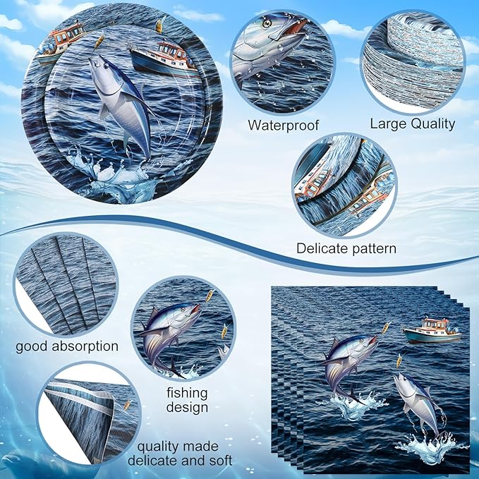 250 Pcs Gone Fishing Party Decoration Fishing Paper Plates Napkins and Cups Party Disposable Tableware Set for Fish Themed Tournament Fisherman Ofishally One Birthday Decorations, Serves 50