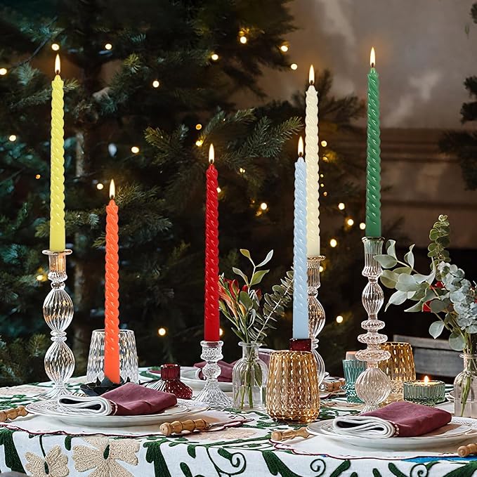 12-Pack 12-Color Spiral Taper Candles - 10 Inch Dripless & Long-Lasting Burn, Decorative Twisted Candles for Wedding, Birthday, Christmas, Home Decor, Party Supplies (Premium Wax, Unscented)