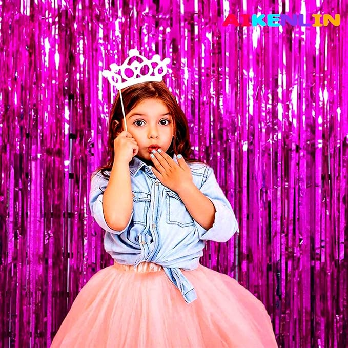 4 Pack 3.2Ft x 9.8Ft Fuchsia Foil Fringe Curtain Backdrop, Metallic Tinsel Foil Fringe Streamers Curtains for Party, Photo Booth Props, Birthday, Wedding, Christmas Party Decoration Supplies
